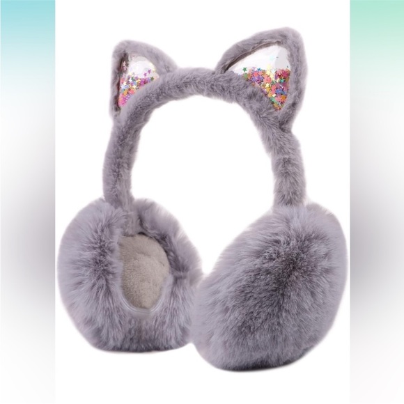 Grey Fuzzy Sparkly Rainbow Cat Ear Muffs OS New - Picture 2 of 5